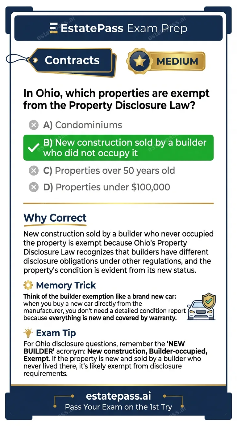 Study card infographic for: In Ohio, which properties are exempt from the Property Disclosure Law?
