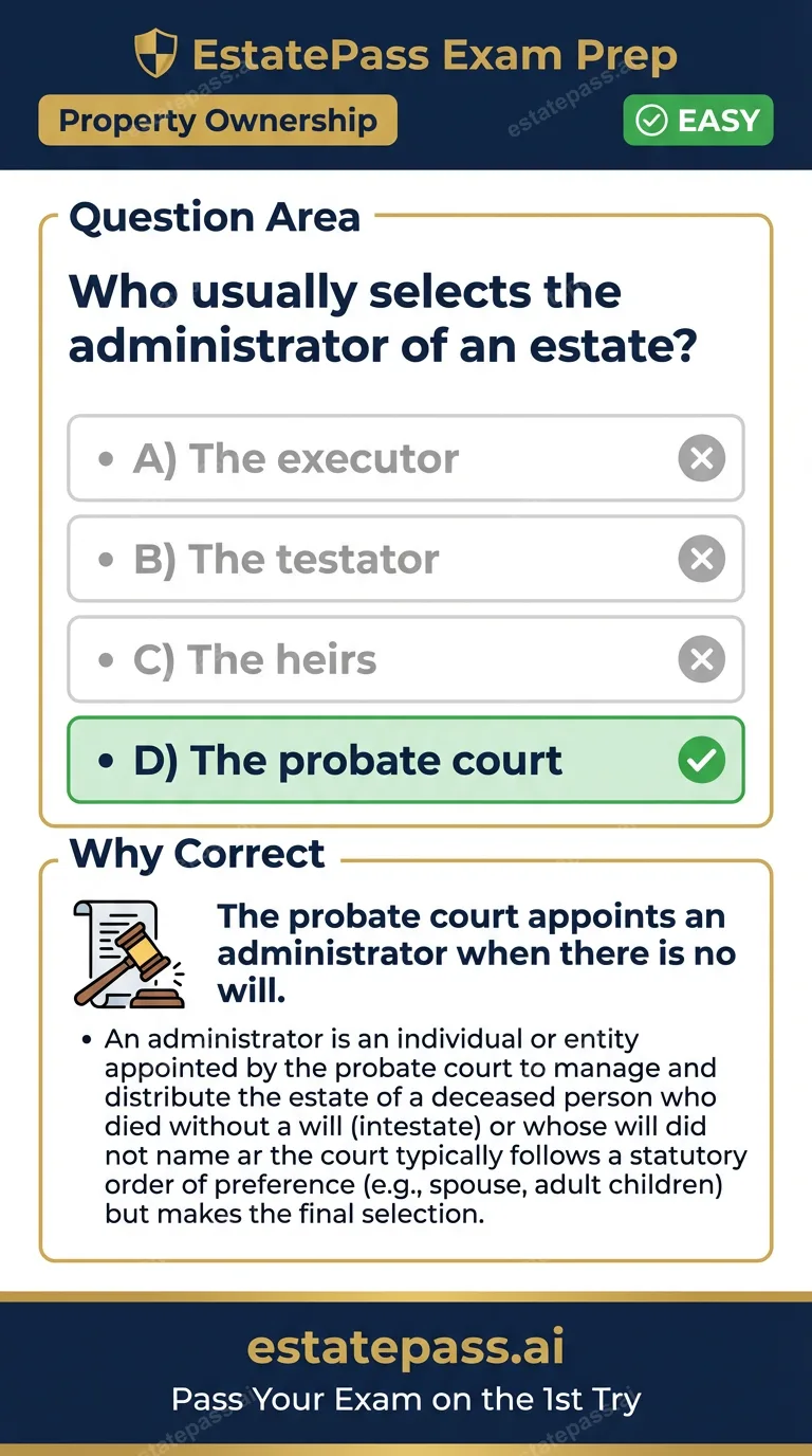 Study card infographic: Who usually selects the administrator of an estate?