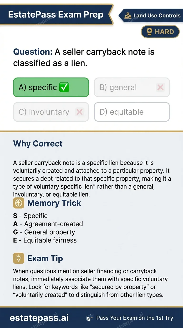 Study card infographic for: A seller carryback note is classified as a lien.