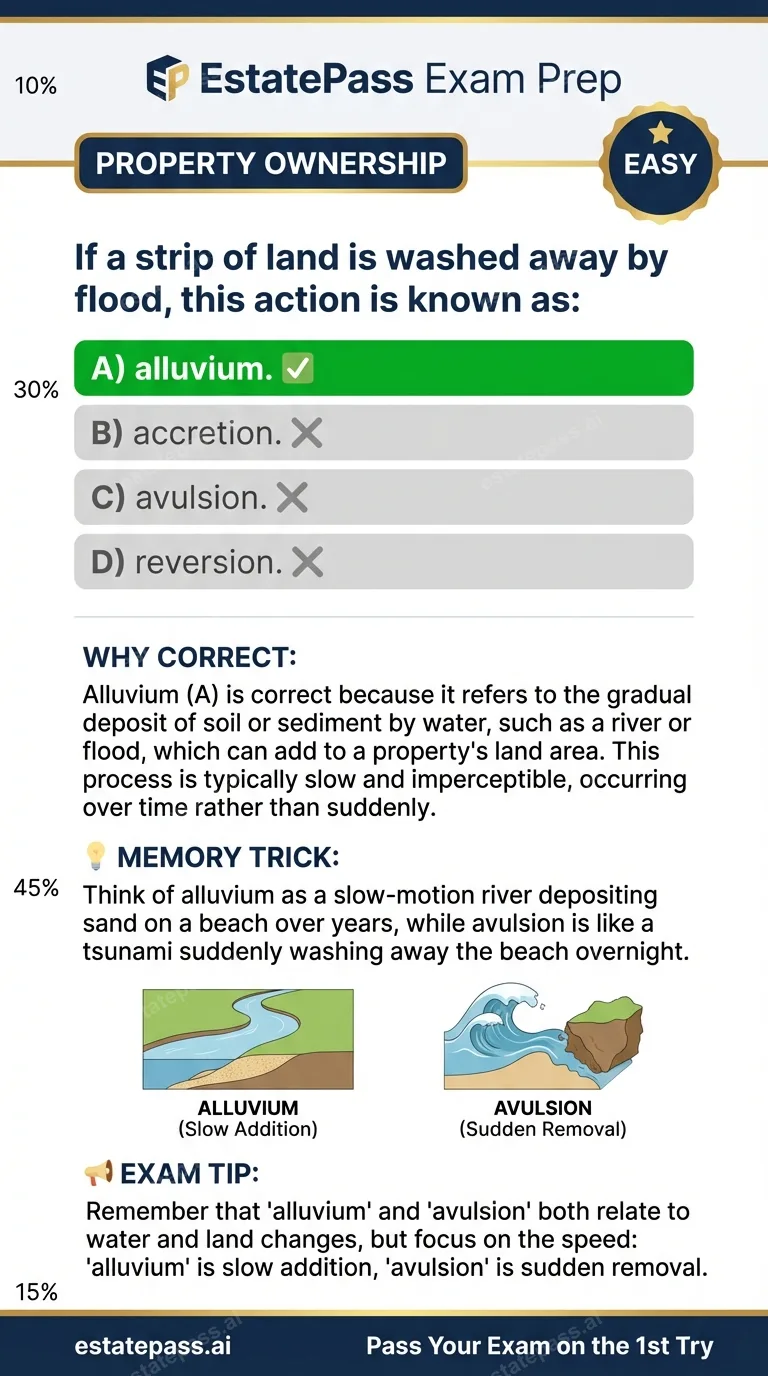 Study card infographic for: If a strip of land is washed away by flood, this action is known as: