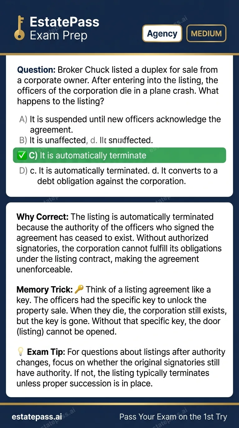Study card infographic: Broker Chuck listed a duplex for sale from a corporate owner. After entering int
