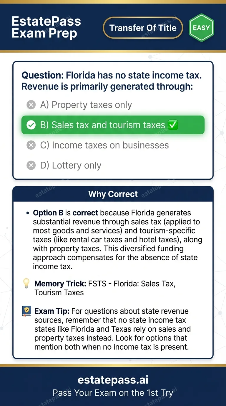 Study card infographic: Florida has no state income tax. Revenue is primarily generated through:
