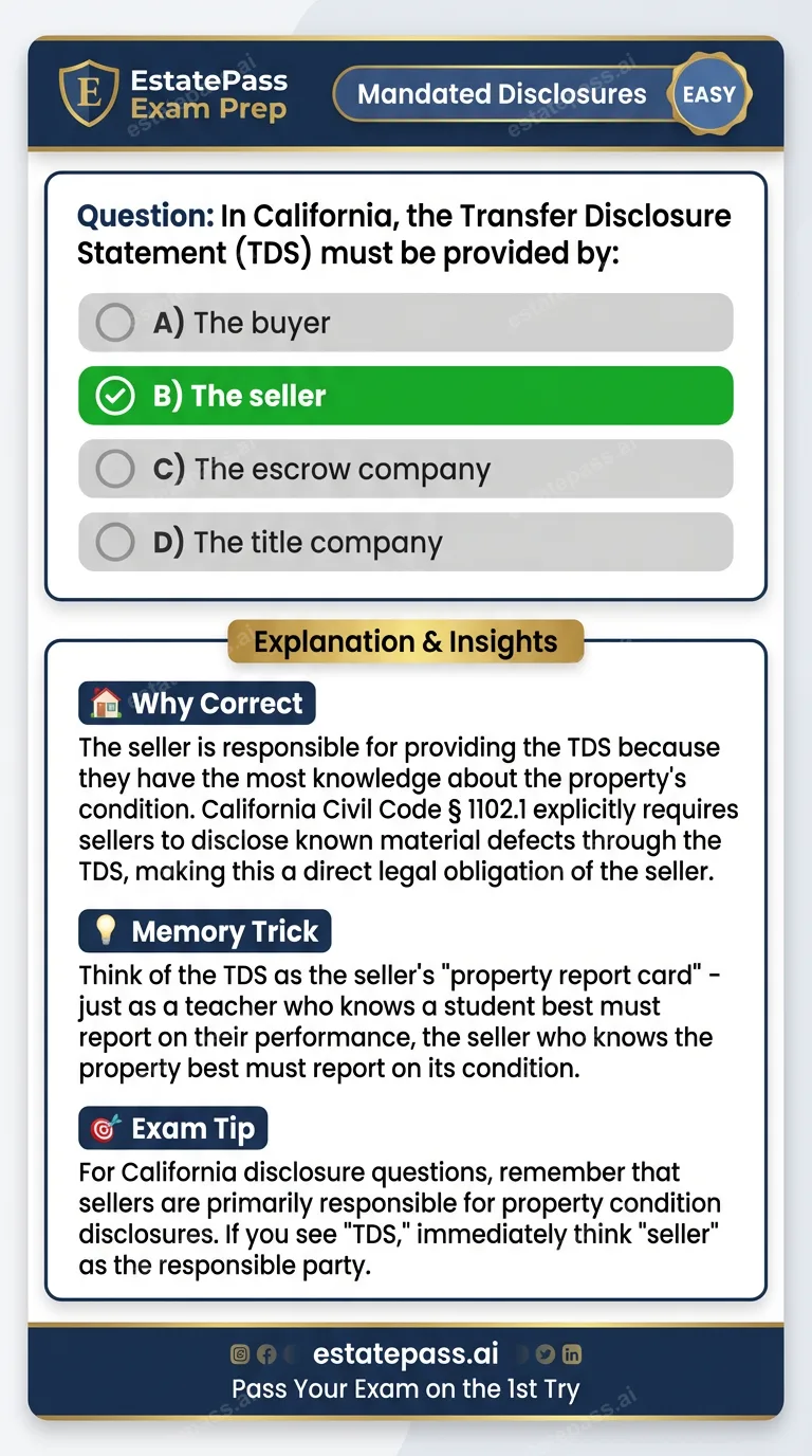 Study card infographic: In California, the Transfer Disclosure Statement (TDS) must be provided by: