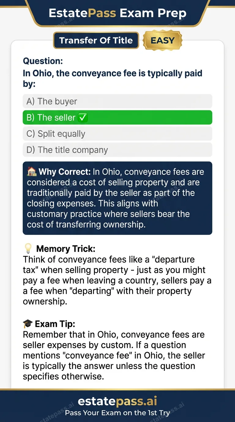 Study card infographic for: In Ohio, the conveyance fee is typically paid by: