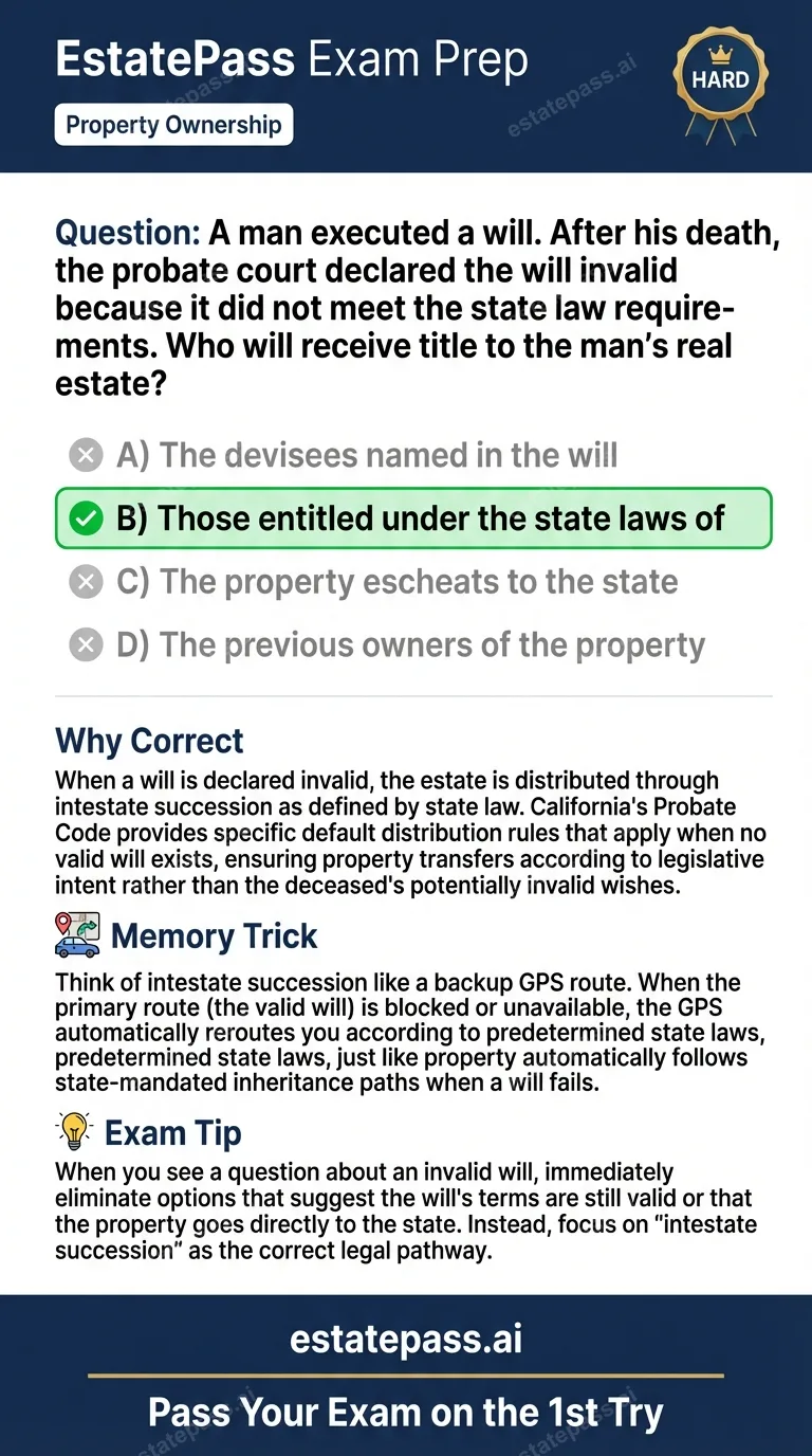 Study card infographic for: A man executed a will. After his death, the probate court declared the will inva