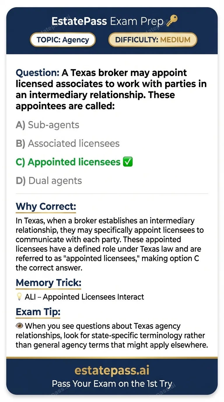 Study card infographic for: A Texas broker may appoint licensed associates to work with parties in an interm