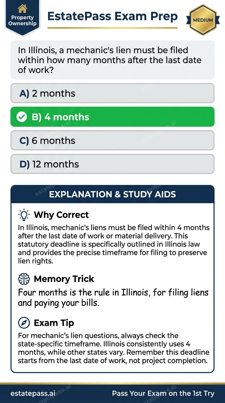 Study card infographic for: In Illinois, a mechanic's lien must be filed within how many months after the la