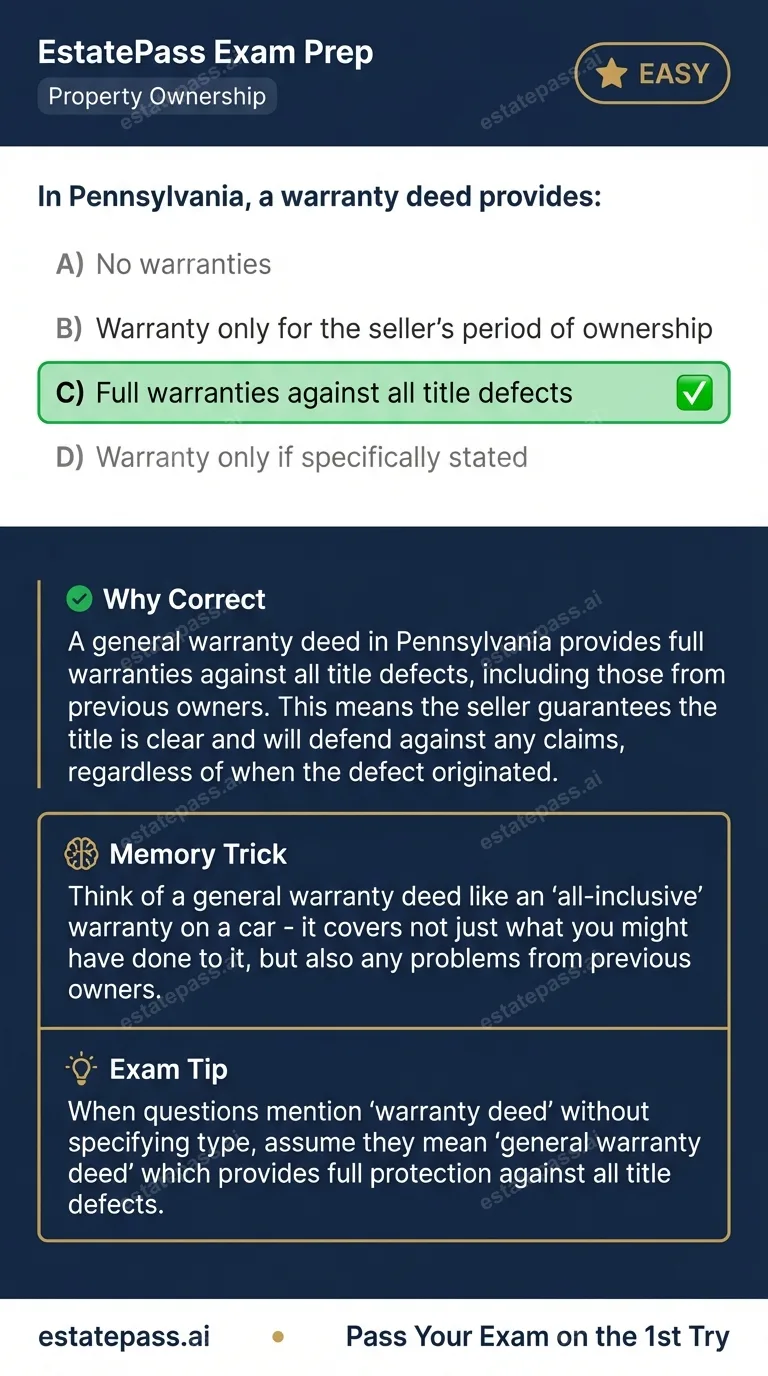 Study card infographic for: In Pennsylvania, a warranty deed provides: