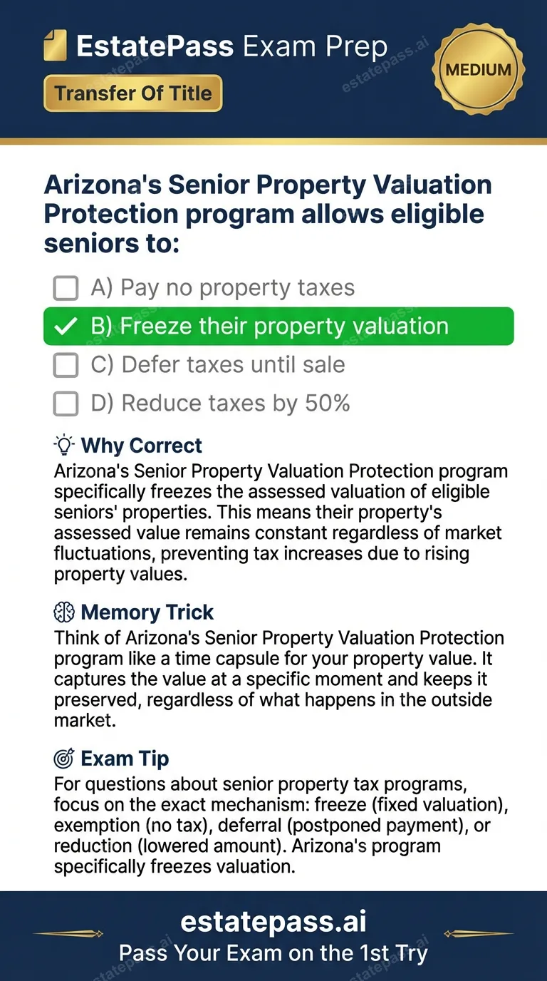 Study card infographic for: Arizona's Senior Property Valuation Protection program allows eligible seniors t