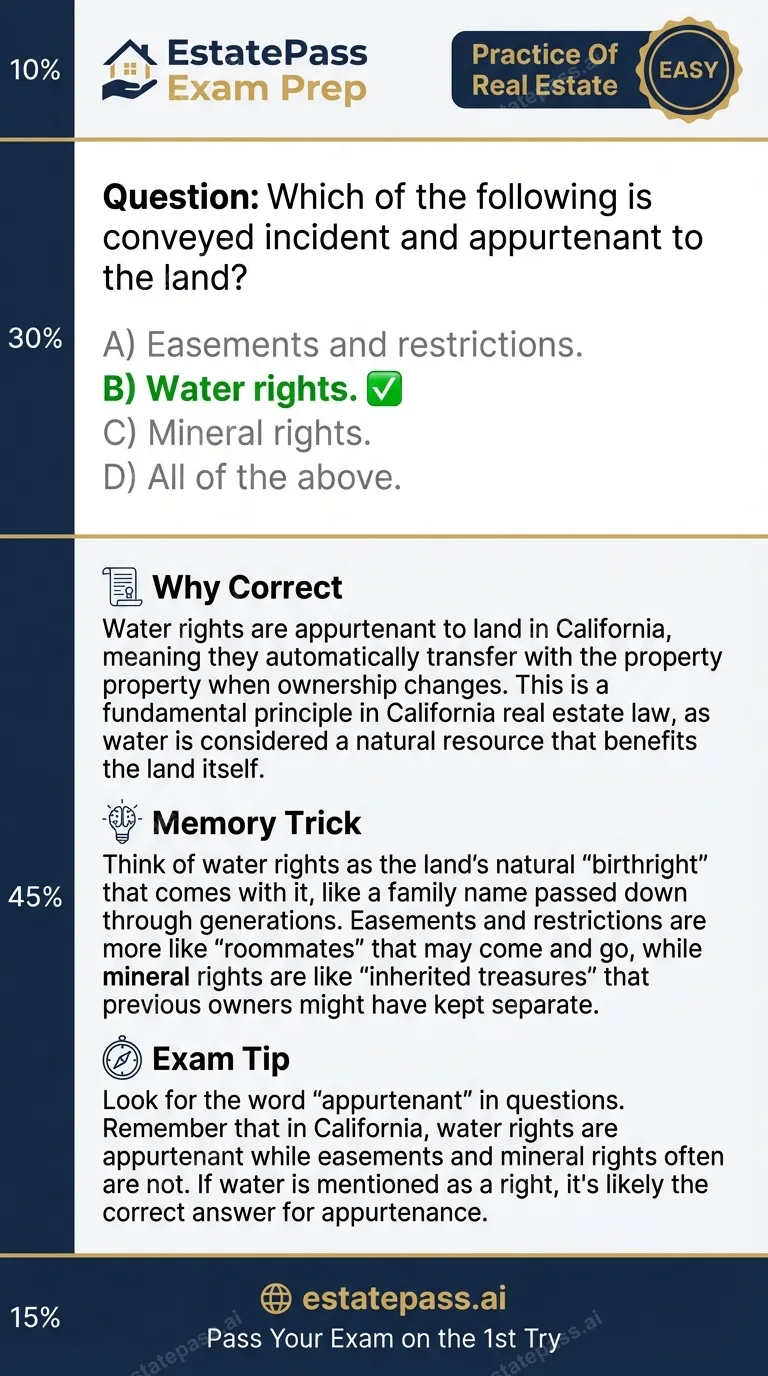 Study card infographic for: Which of the following is conveyed incident and appurtenant to the land?