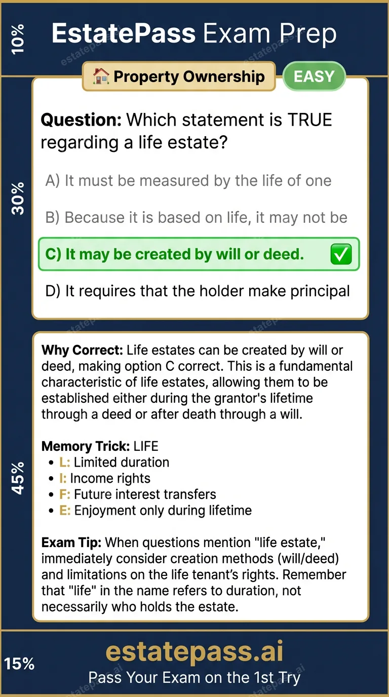 Study card infographic for: Which statement is TRUE regarding a life estate?