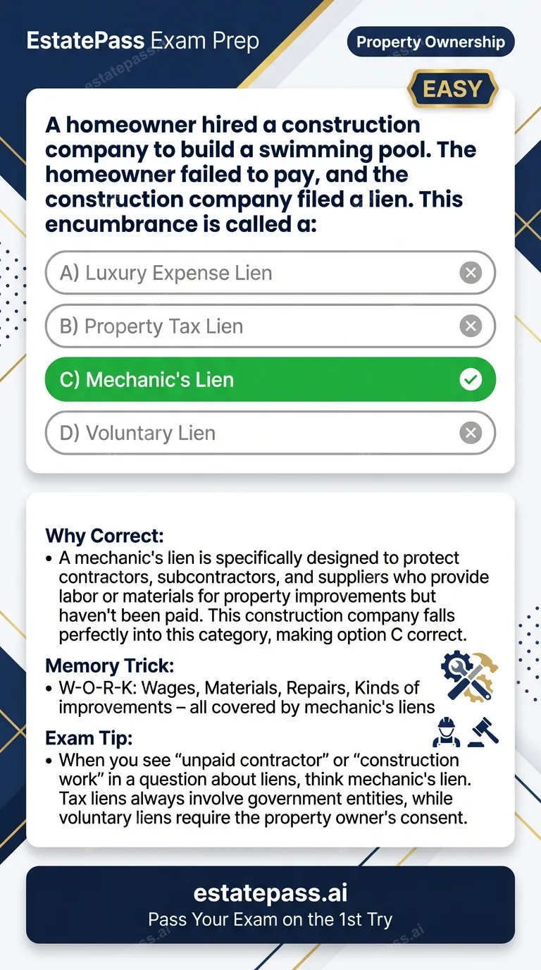 Study card infographic for: A homeowner hired a construction company to build a swimming pool. The homeowner