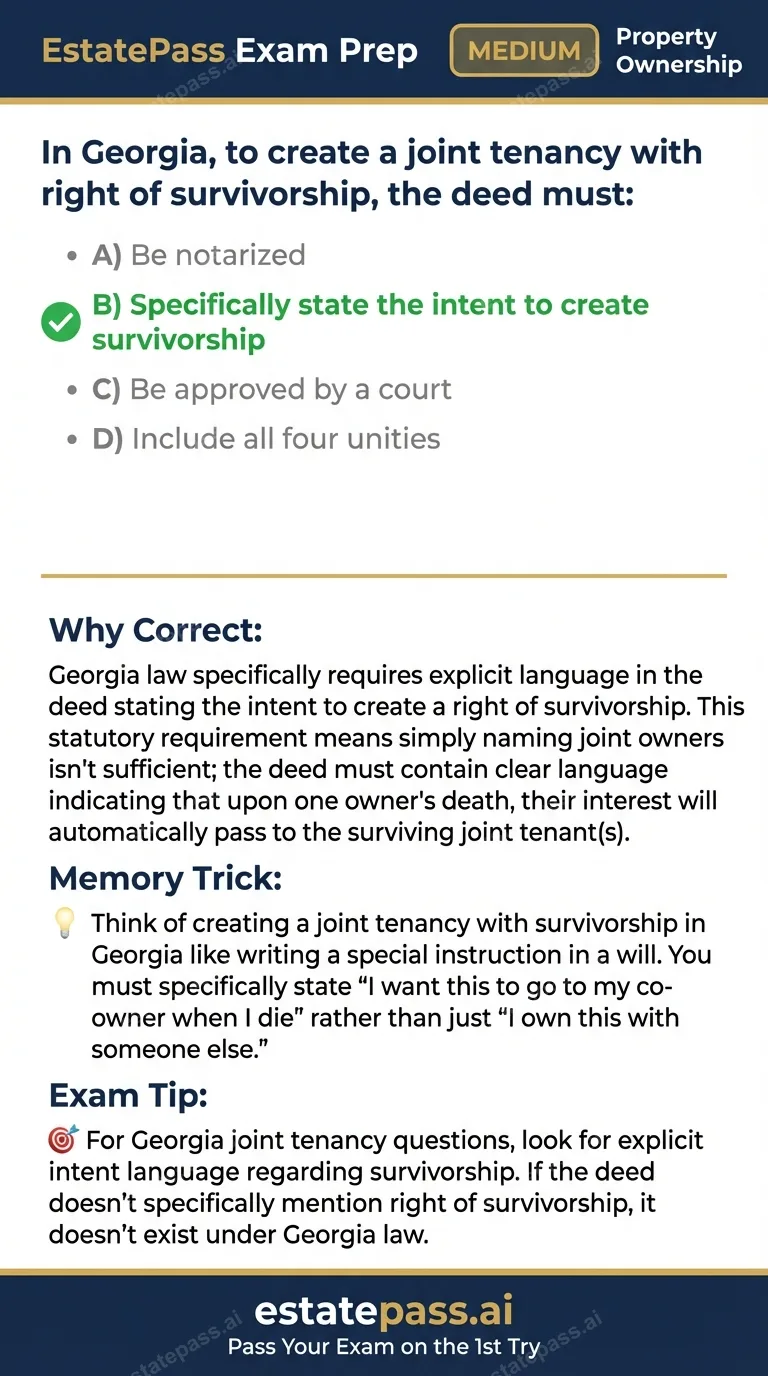 Study card infographic for: In Georgia, to create a joint tenancy with right of survivorship, the deed must: