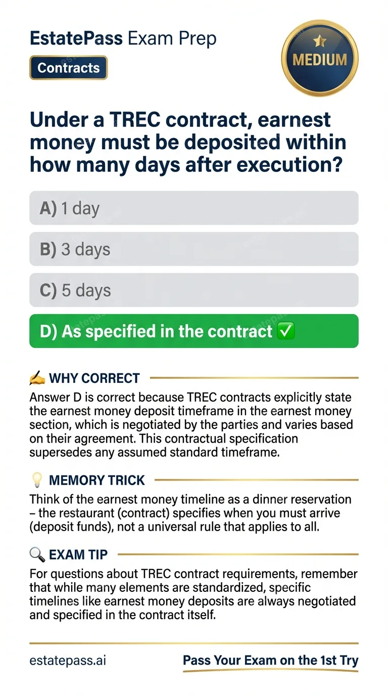 Study card infographic for: Under a TREC contract, earnest money must be deposited within how many days afte