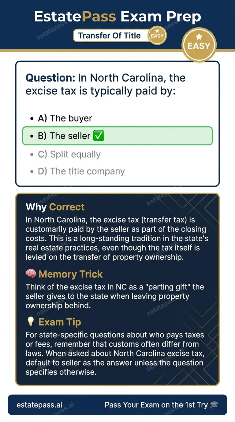 Study card infographic: In North Carolina, the excise tax is typically paid by: