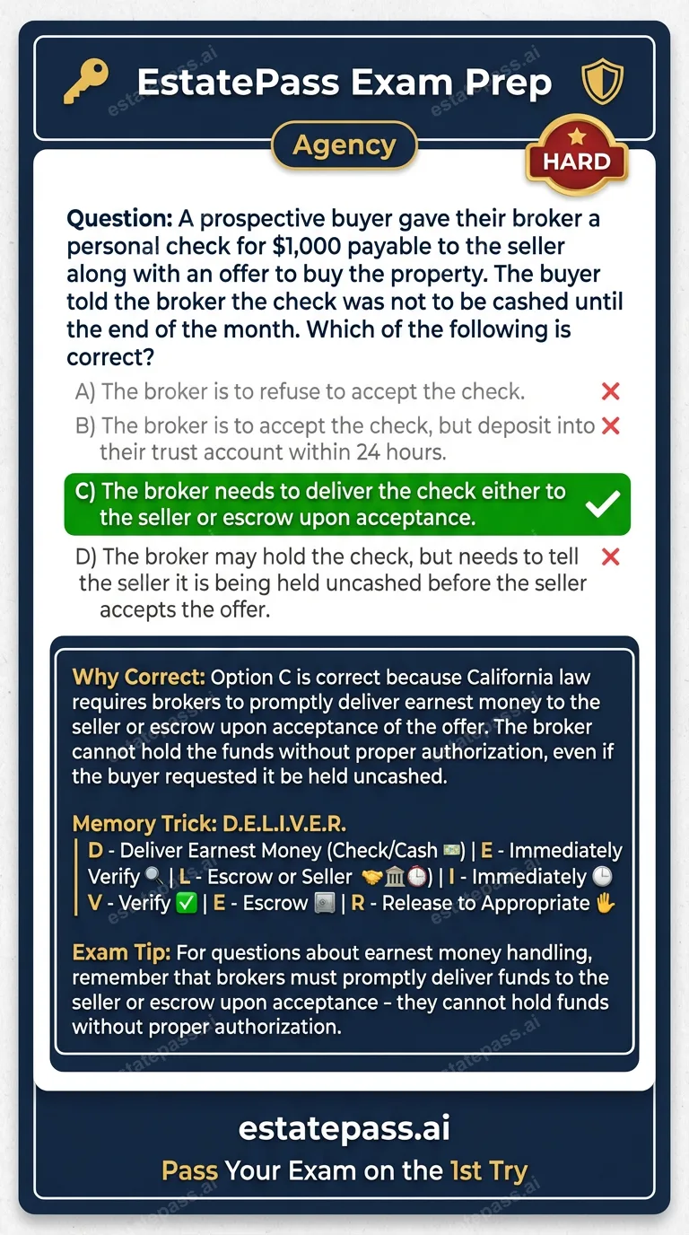 Study card infographic for: A prospective buyer gave their broker a personal check for $1,000 payable to the