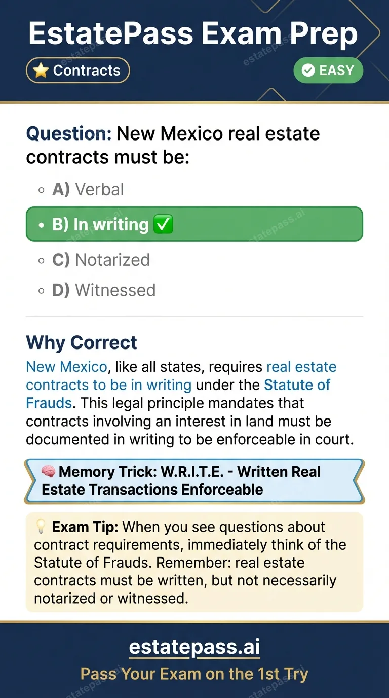 Study card infographic: New Mexico real estate contracts must be: