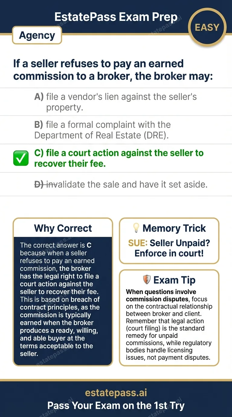 Study card infographic for: If a seller refuses to pay an earned commission to a broker, the broker may: