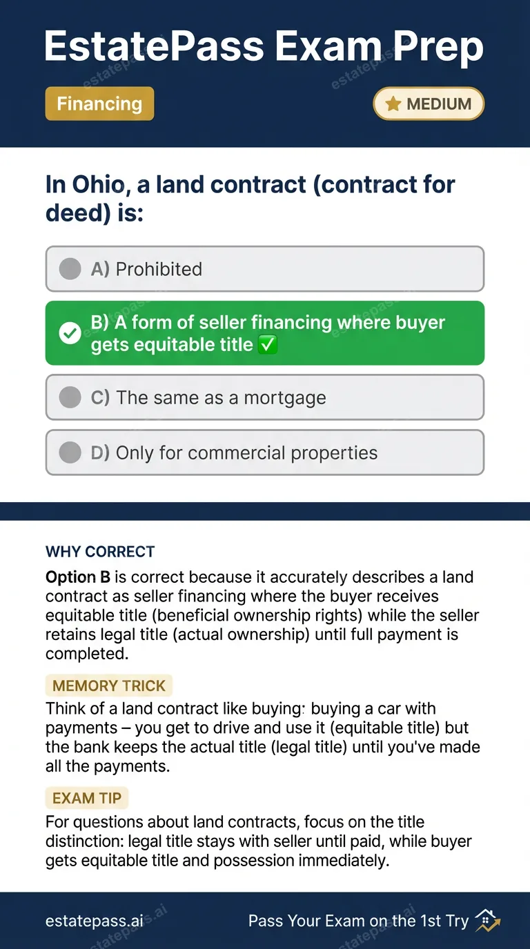 Study card infographic for: In Ohio, a land contract (contract for deed) is: