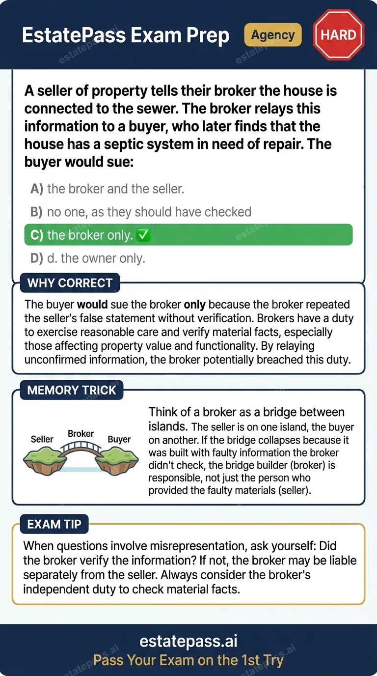 Study card infographic for: A seller of property tells their broker the house is connected to the sewer. The
