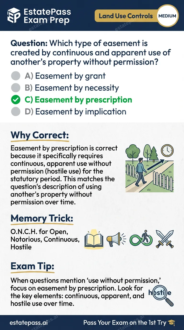 Study card infographic for: Which type of easement is created by continuous and apparent use of another's pr