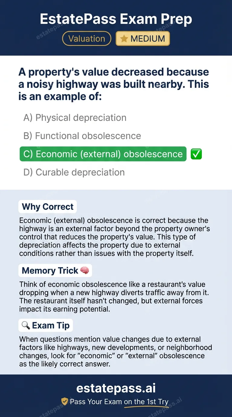 Study card infographic for: A property's value decreased because a noisy highway was built nearby. This is a