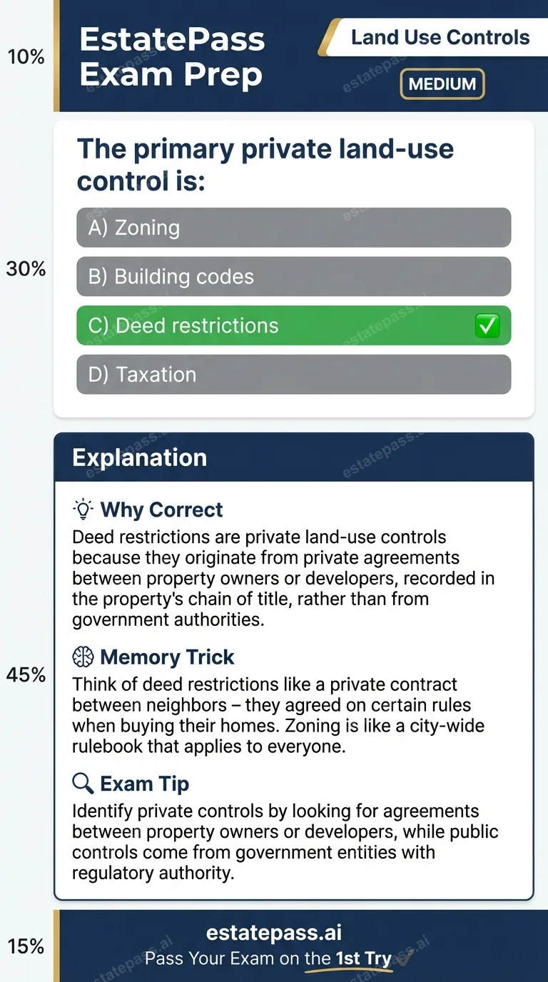 Study card infographic: The primary private land-use control is: