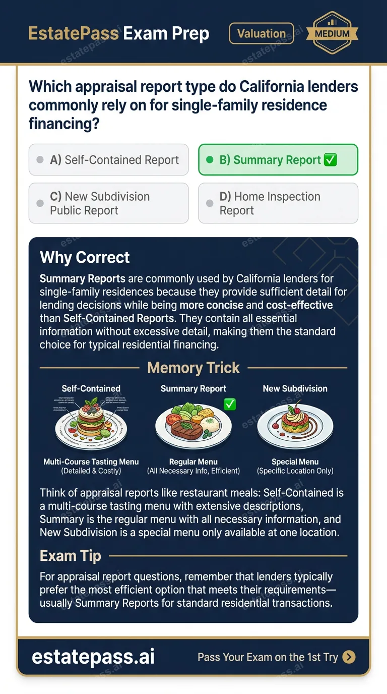 Study card infographic: Which appraisal report type do California lenders commonly rely on for single-fa