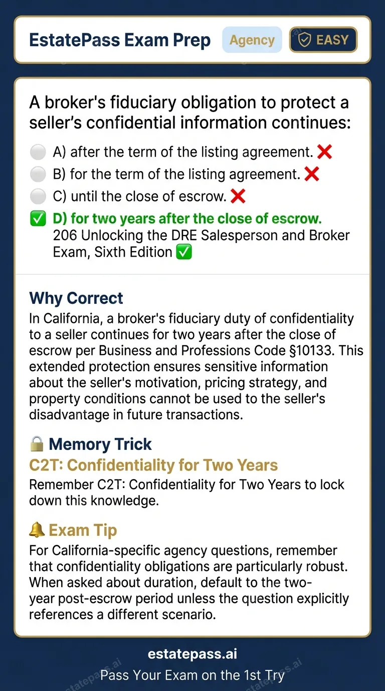 Study card infographic for: A broker’s fiduciary obligation to protect a seller’s confidential information c