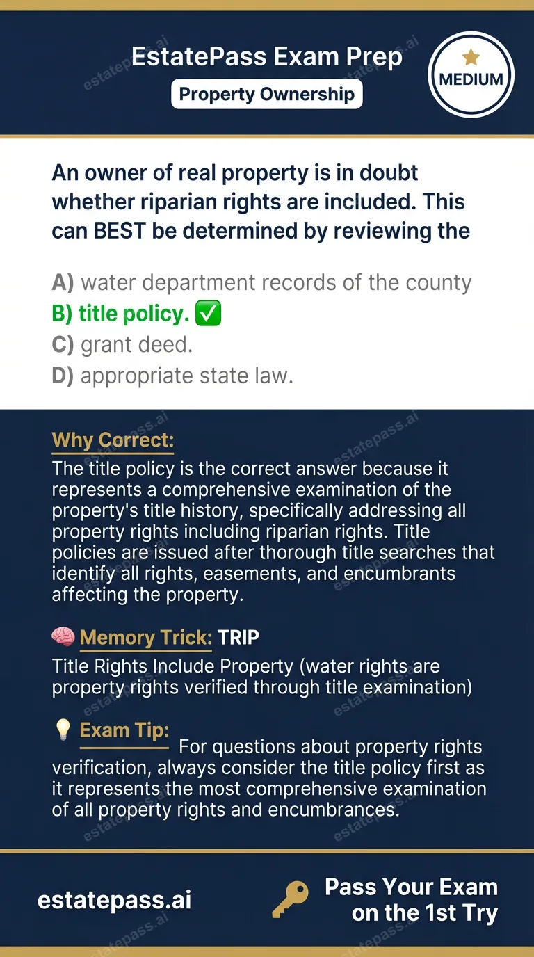 Study card infographic for: An owner of real property is in doubt whether riparian rights are included. This