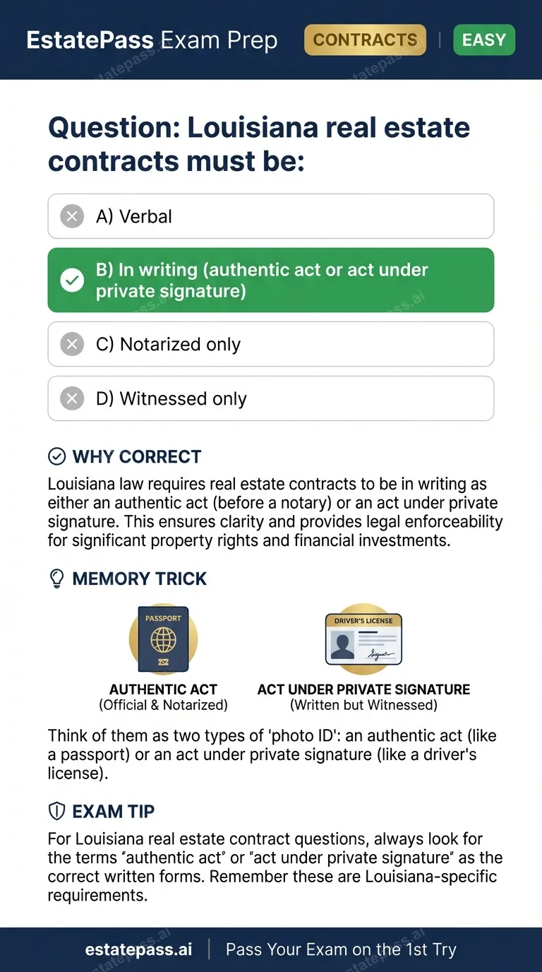 Study card infographic: Louisiana real estate contracts must be: