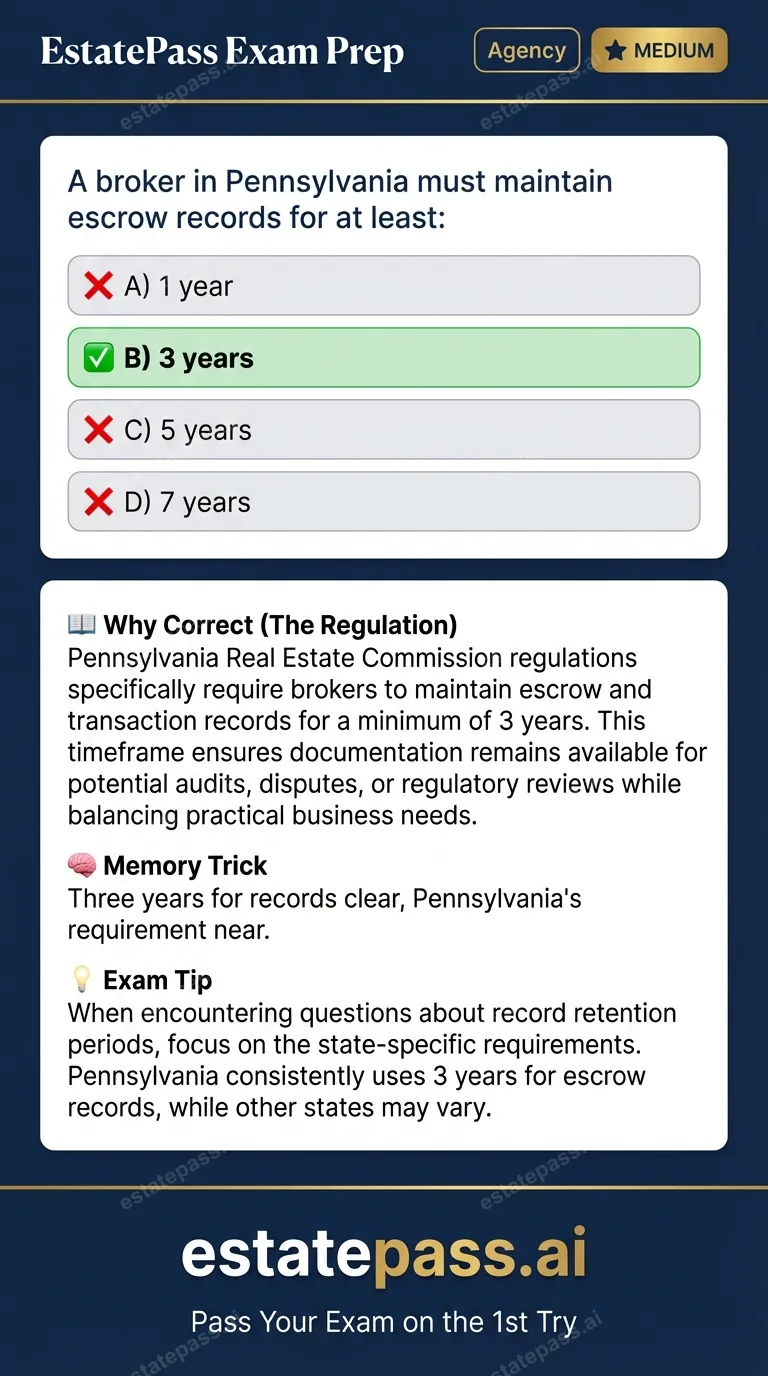 Study card infographic for: A broker in Pennsylvania must maintain escrow records for at least: