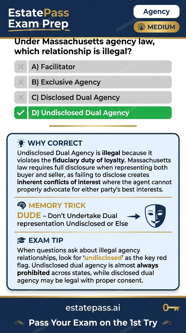 Study card infographic: Under Massachusetts agency law, which relationship is illegal?