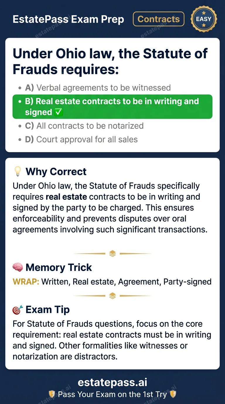 Study card infographic for: Under Ohio law, the Statute of Frauds requires: