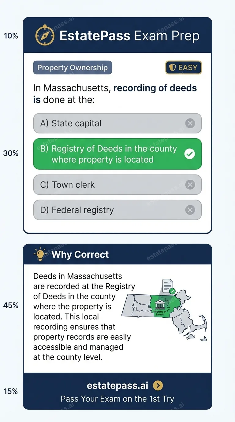 Study card infographic: In Massachusetts, recording of deeds is done at the: