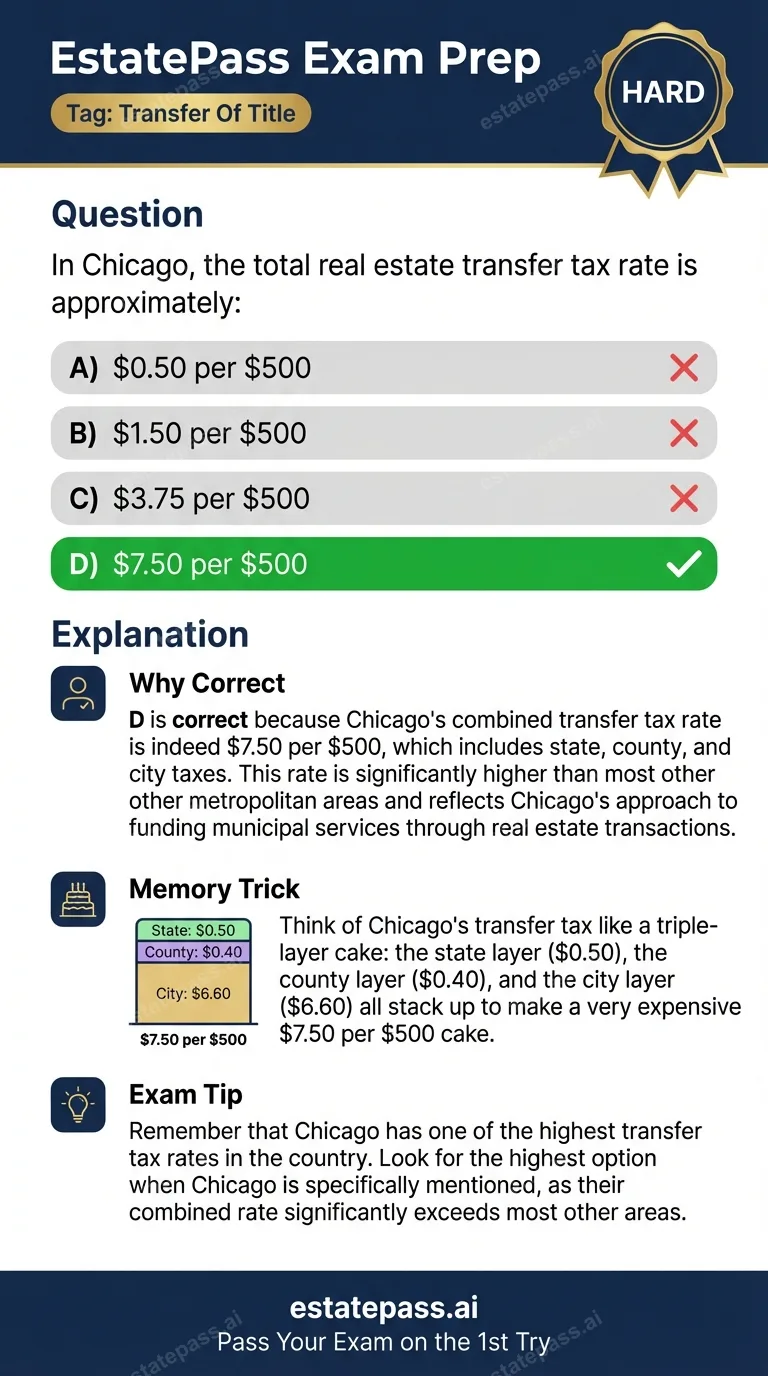 Study card infographic: In Chicago, the total real estate transfer tax rate is approximately: