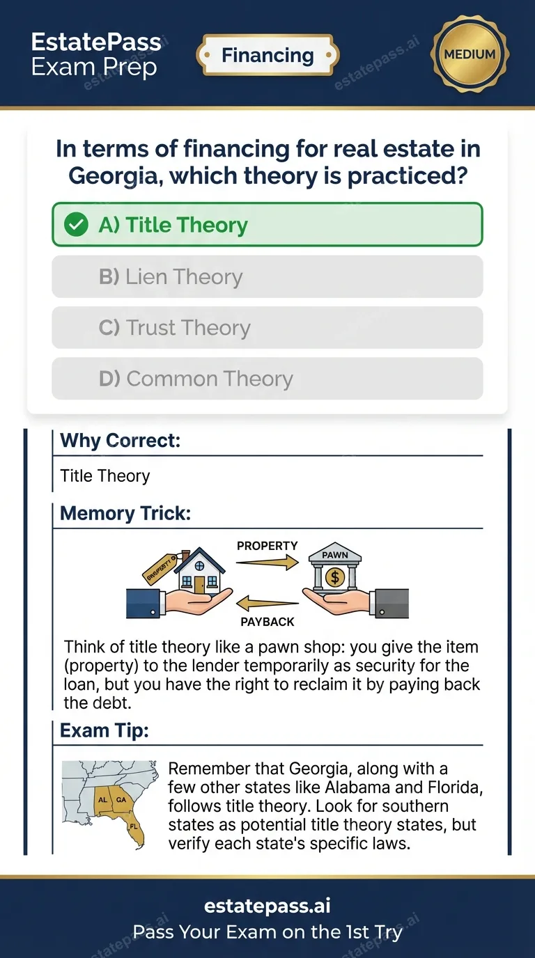 Study card infographic: In terms of financing for real estate in Georgia, which theory is practiced?