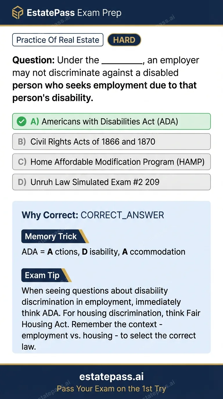 Study card infographic for: Under the , an employer may not discriminate against a disabled person who seeks