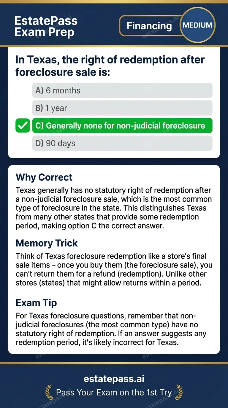 Study card infographic for: In Texas, the right of redemption after foreclosure sale is: