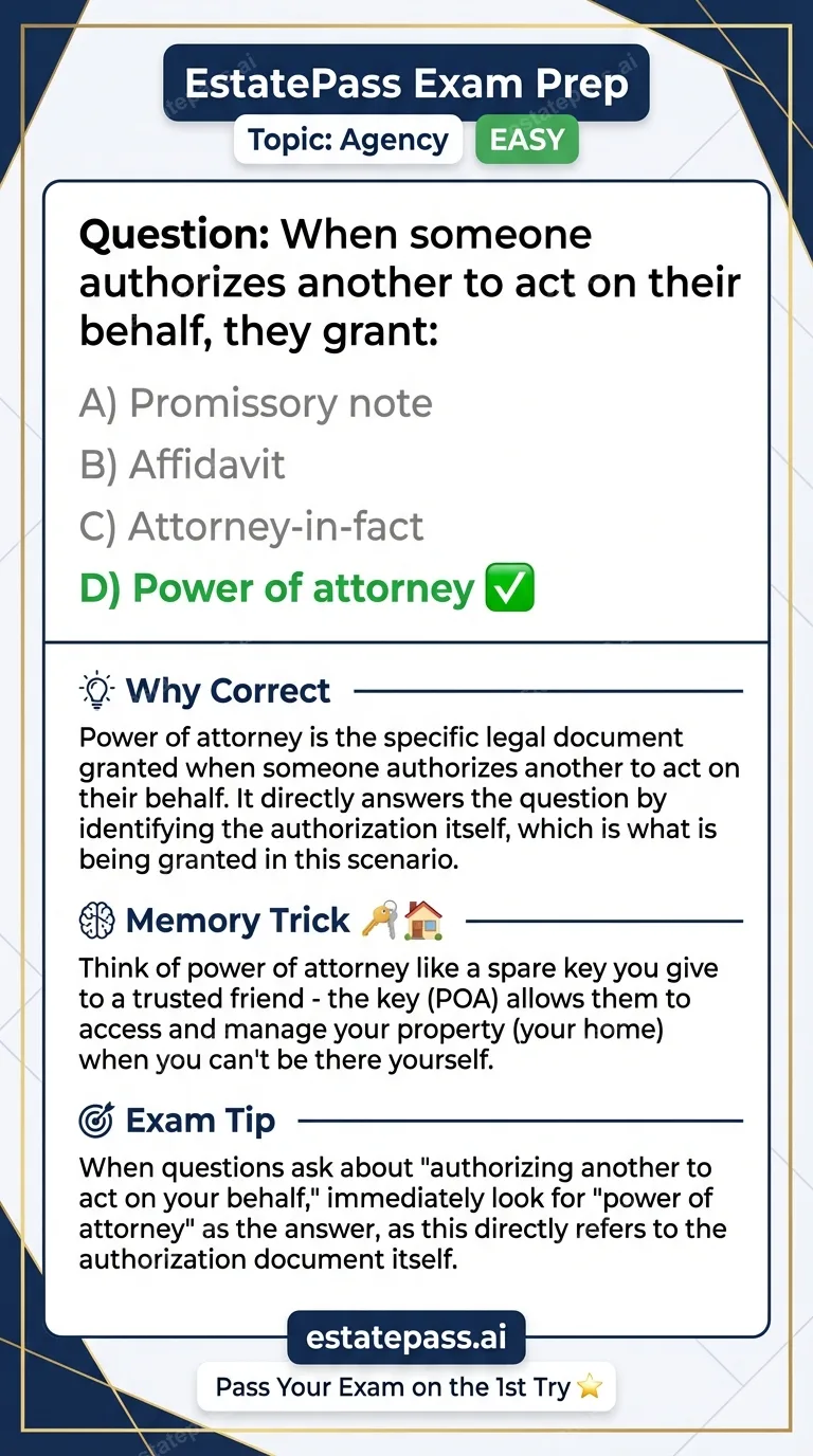 Study card infographic: When someone authorizes another to act on their behalf, they grant: