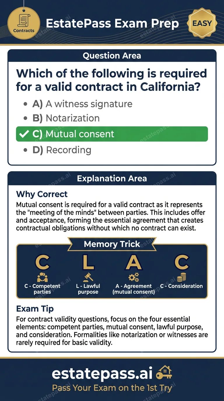 Study card infographic for: Which of the following is required for a valid contract in California?
