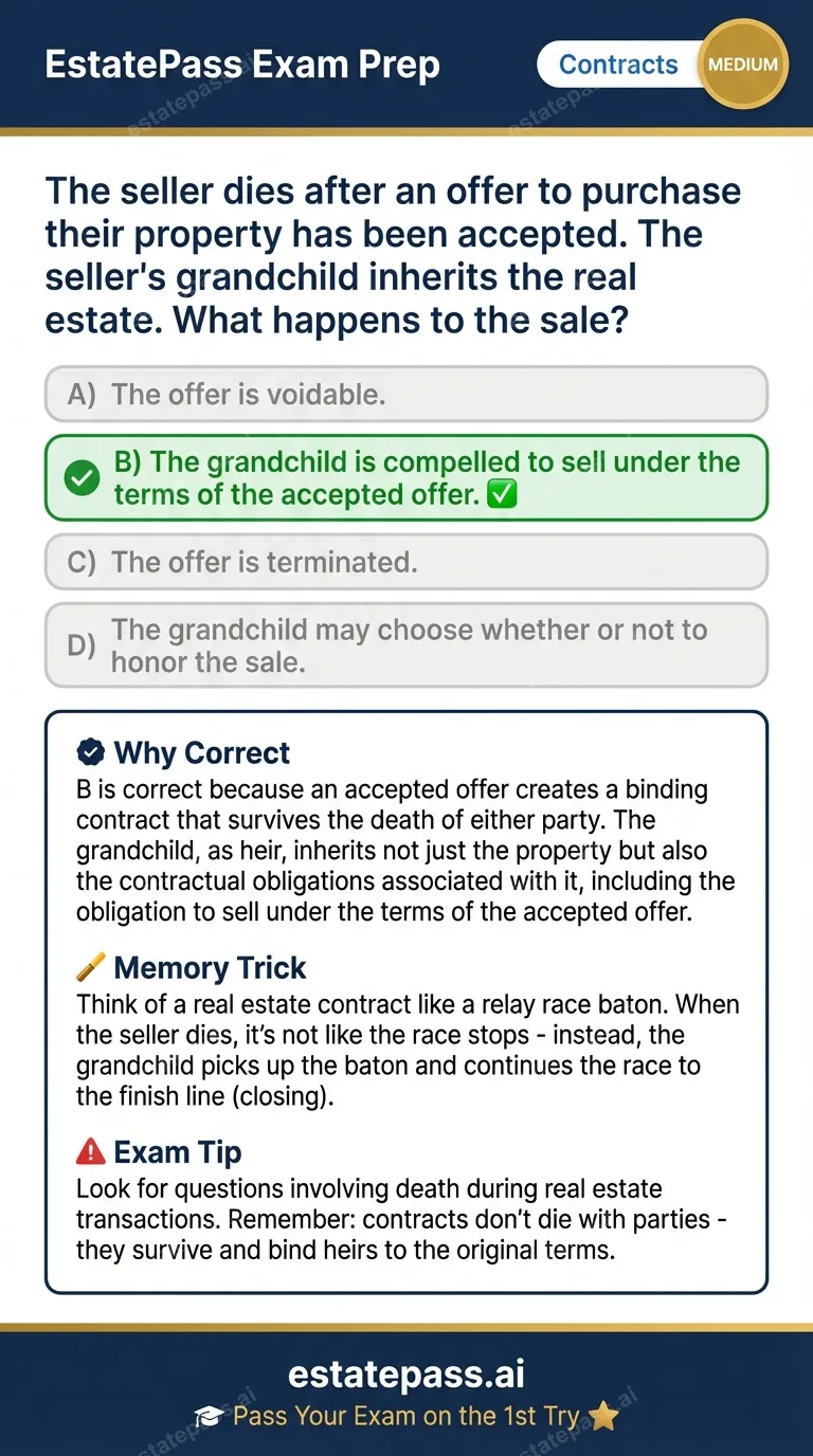 Study card infographic for: The seller dies after an offer to purchase their property has been accepted. The