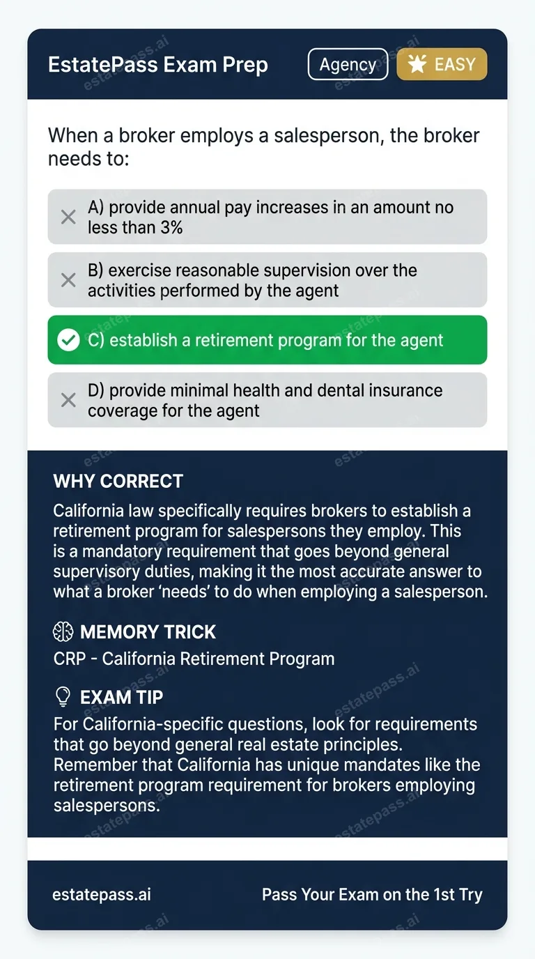 Study card infographic for: When a broker employs a salesperson, the broker needs to: