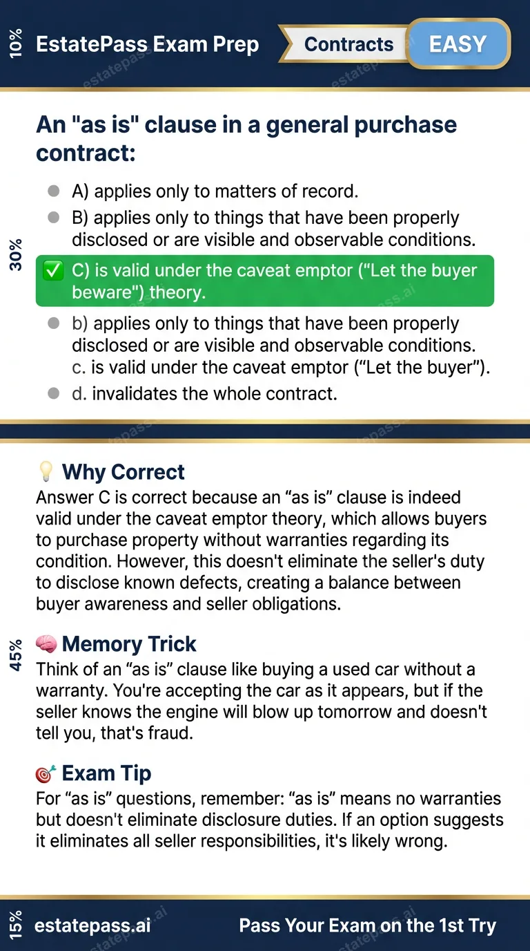 Study card infographic for: An “as is” clause in a general purchase contract: