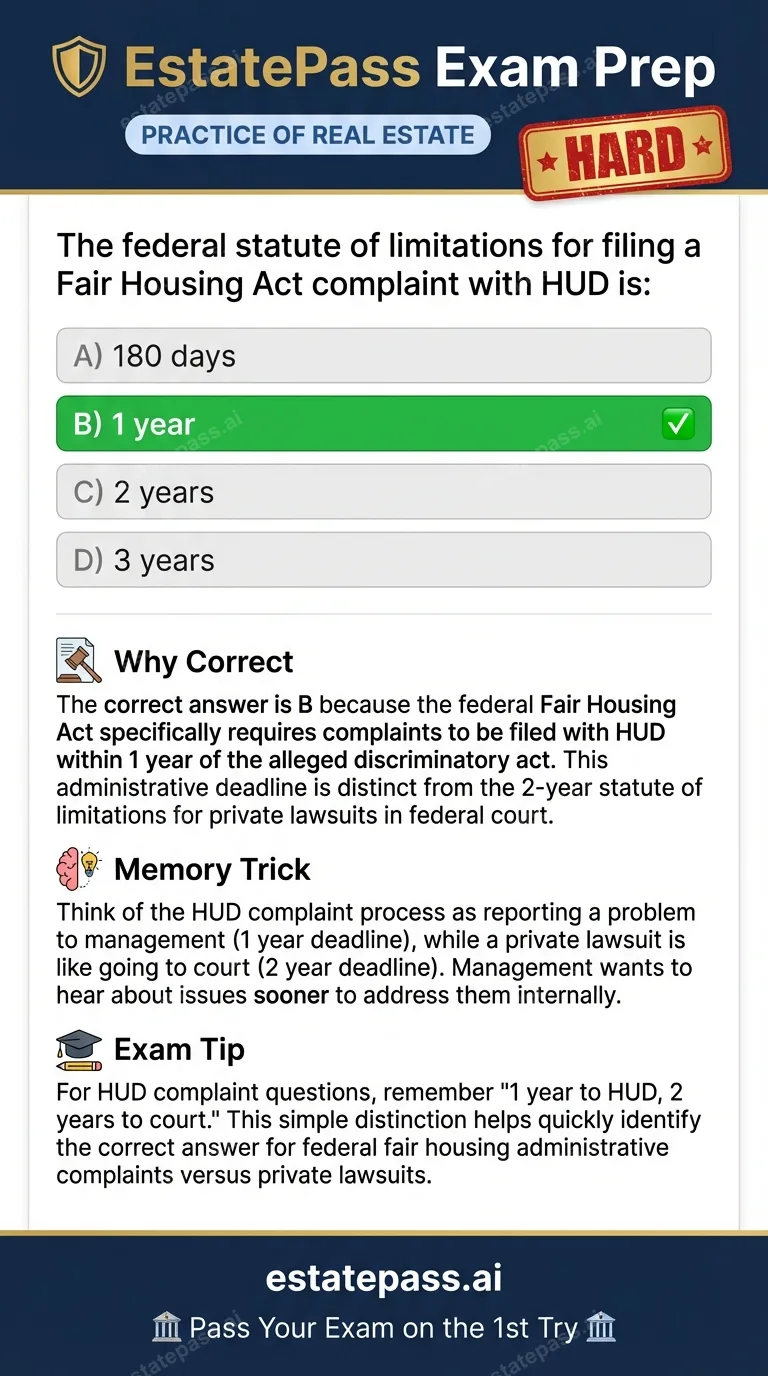 Study card infographic: The federal statute of limitations for filing a Fair Housing Act complaint with 