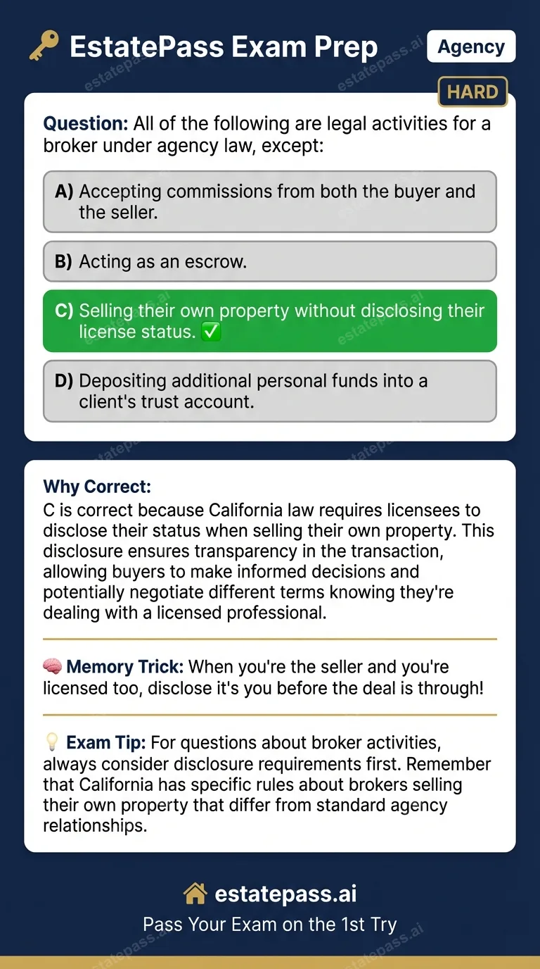 Study card infographic for: All of the following are legal activities for a broker under agency law, except: