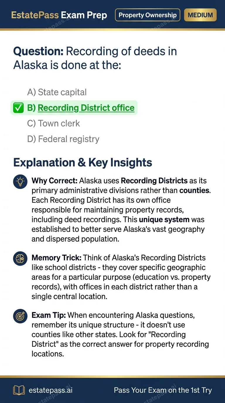 Study card infographic: Recording of deeds in Alaska is done at the: