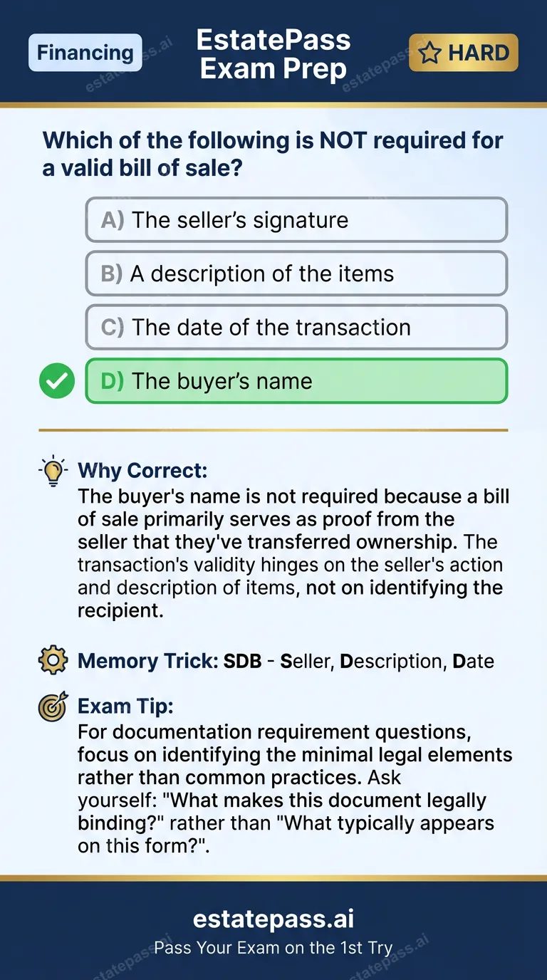 Study card infographic for: Which of the following is NOT required for a valid bill of sale?