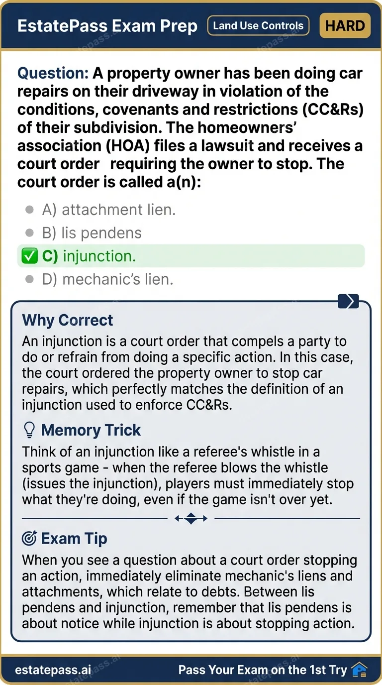 Study card infographic for: A property owner has been doing car repairs on their driveway in violation of th