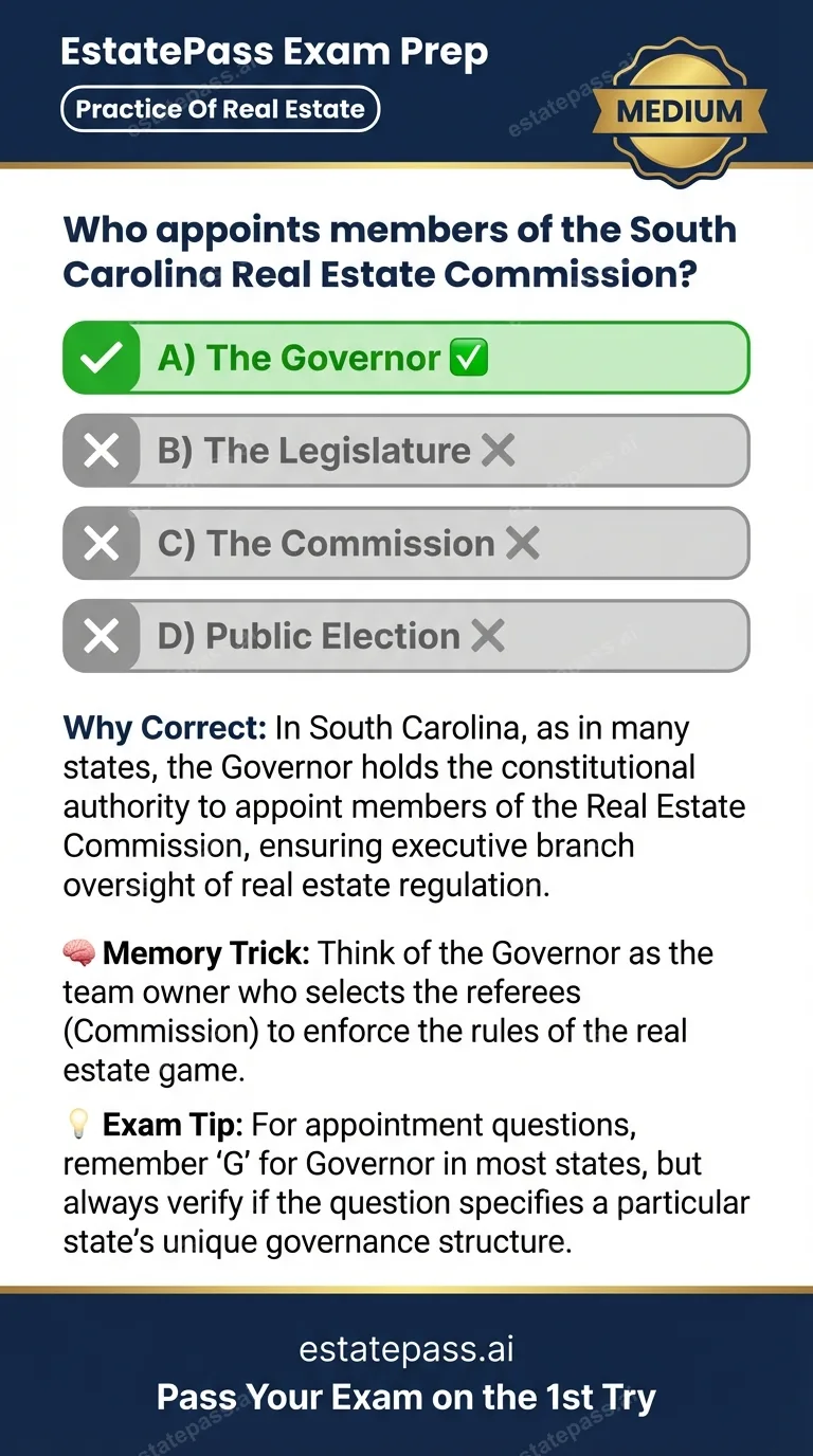 Study card infographic: Who appoints members of the South Carolina Real Estate Commission?